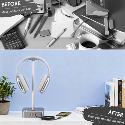Headphone Stand with Charger, USB C, Gifts for Gamers Men, Gray - Image 7