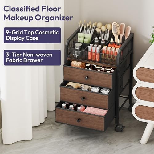 Rolling Makeup Organizer Cart - 14.96″*11.81″*23.03″ Widened Under Desk Vanity Storage with 3 Non-woven Drawers, Cosmetic Display Cases for Skin Care Perfume Nail Polish Brush Hair Tool Black - Image 6