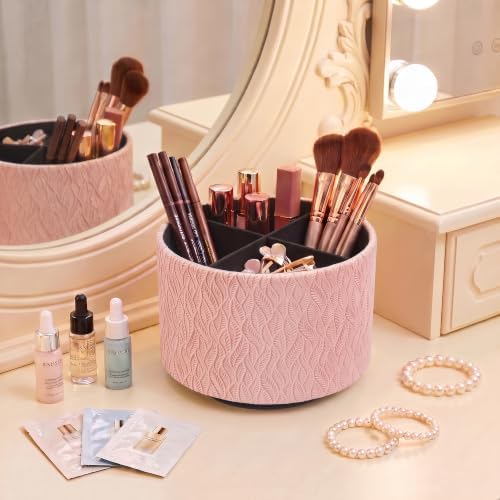 Round Leather Art Supply Organizer,Remote Control Holder,360 Degree Spinning,Multi-Functional Pencil Holder,4 Compartments Desktop Stationary Organizer(1-Leaves Pink) - Image 7