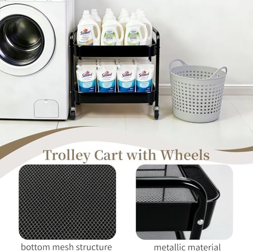 2 Pack Pantry Cart 2 Tier Small Rolling Cart with Wheels for Under Desk Storage, Short Rolling Utility Cart Large Basket Metal Kitchen Shelf with Mesh Laundry Room Organizer Side Table, Black - Image 6