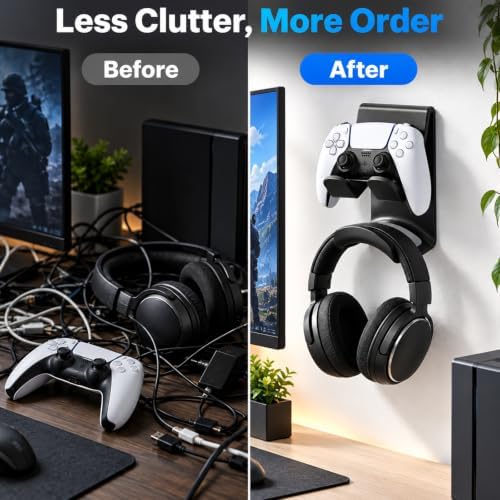 2 Pack Controller & Headphone Holder Wall Mount, Universal Game Controller Stand Headset Hanger for PS5 PS4 Xbox Series X/S One Switch PC, Gaming Accessories Storage Organizer - Image 7