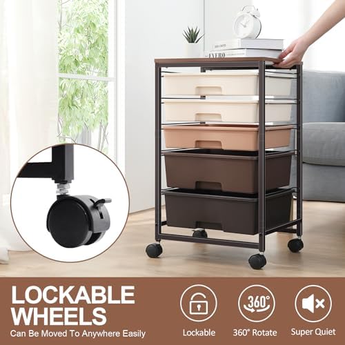 Rolling Cart with Drawers, 5 Drawers Utility Cart, Dark Brown - Image 6