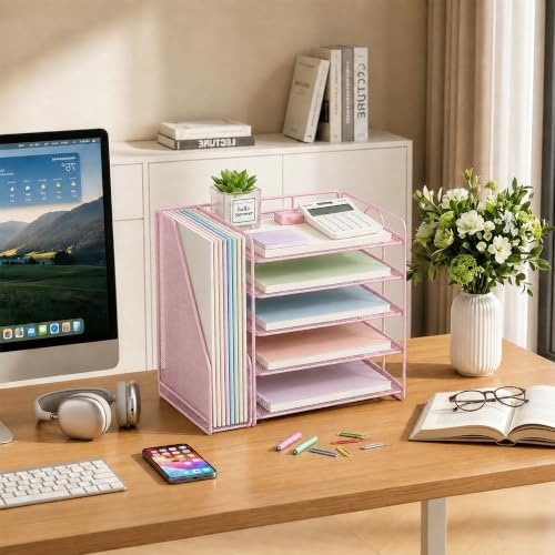 Desk Organizer, 5-Tier Paper Organizer Letter Tray, Pink - Image 7
