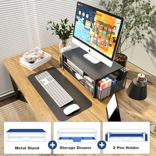 Desk Organizer and Accessories, 2-Tier Computer Monitor Stand Riser with Drawer and 2 Pen Holders, Laptop Stand, Office Desk Accessories for Office Supplies, Black 2-Pack - Image 6