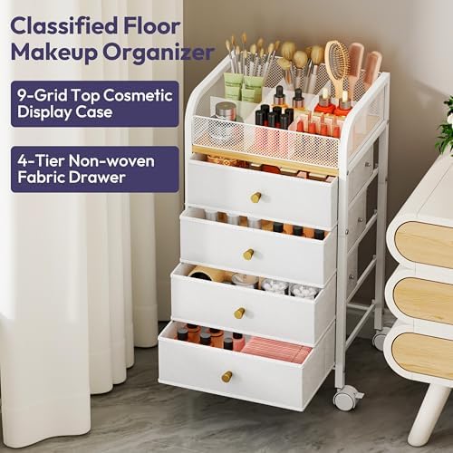 Rolling Makeup Organizer Cart - 14.96″*11.81″*27.55″ Widened Under Desk Vanity Storage with 4 Non-woven Drawers, Cosmetic Display Cases for Skin Care Perfume Nail Polish Brush Hair Tool White - Image 6
