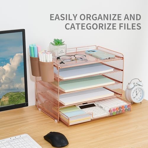 Desk Organizer and Accessories, 5-Tier Paper Letter Tray Organizer with Drawer & 2 Pen Holders for Desktop File Organization, Office Desk Accessories for Supplies Storage (Rose Gold) - Image 7