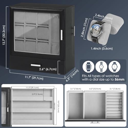 9-Slot Watch Box for Men, Standing Jewelry Display Case with Window - Image 6
