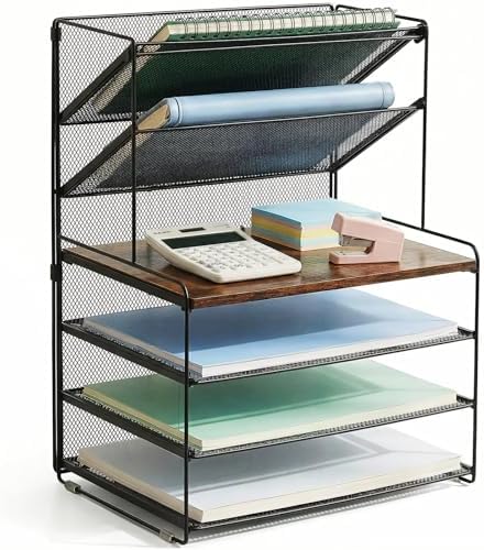 Desk Organizer, 6-Tier Paper Organizer Letter Tray, Brown Wood - Image 7