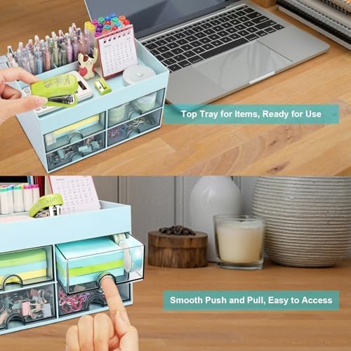 Desk Organizer, Office Organizer with Drawer, Desk Accessories & Workspace Organizers, Pen Holder Office Supplies for Desk (4 Drawers+4 Compartments, Blue) - Image 6
