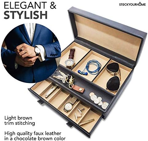 Stock Your Home Mens Valet Tray, Men's Jewelry Box, Night Stand Organizers and Storage, Bedside Table Organizer, Watch Box for Dresser, Faux Leather (Black & Beige) - Image 6