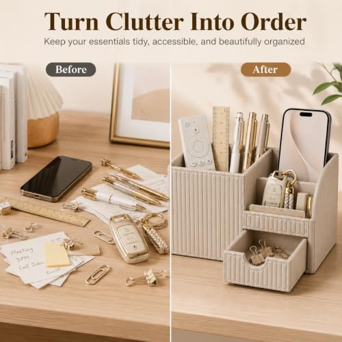 Luxury PU Leather Desk Organizer with Drawer, Modern Aesthetic Office Desk Accessories for Men & Women, Multi-Compartment Pen Holder & Desktop Storage Organizer for Home Office - Image 7