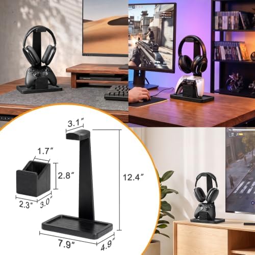Solid Wood Metal Headphone Stand with Modular Controller Holder for Desk - Image 7