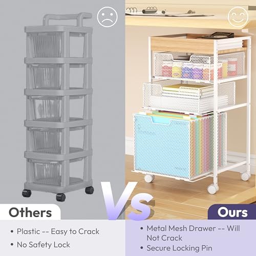Rolling File Cart with Drawers - 4 Tier Under Desk Storage Craft Rolling Organizer Cart - Office Storage &Organization, Mobile Metal Filing Cabinet for Office and Home White - Image 6