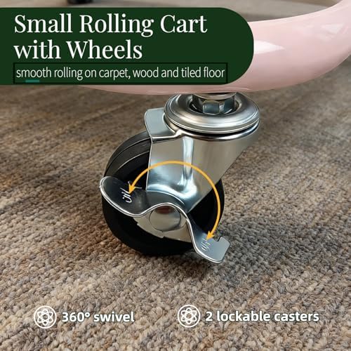2 Tier Rolling Cart with Wheels for Under Desk Storage, Pink Small Rolling Pantry Storage Cart for Small Space, Metal Short Utility Shelf for Vanity Kitchen Bathrrom Laundry Organization - Image 6