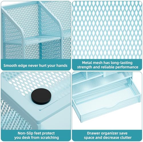 Marbrasse Mesh Pen Holder for Desk, Multi-Functional Pencil Organizer with Drawer, Desk Organizers and Accessories for Office Art Supplies (Blue) - Image 6