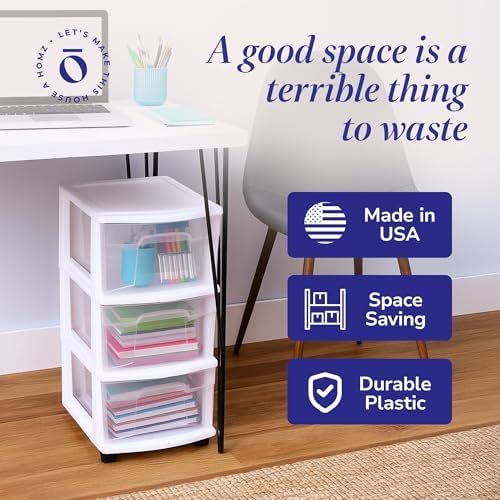 HOMZ Drawer Tower, 3-Tier Storage Cart with Removable Wheels, White Frame - Image 6