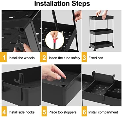 4 Tier Rolling Cart with Wheels, Storage Craft Art Trolley Organizer Serving, 3 Hanging Baskets Easy Assembly, for Office, Living Room, Kitchen - Image 7