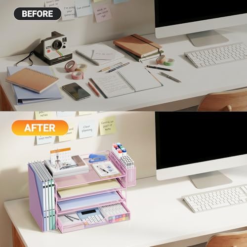 4-Tier Desk File Organizer with Drawer & Pen Holder (Pink) - Image 6