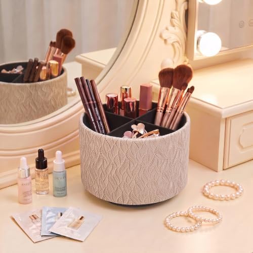 Round Leather Art Supply Organizer,Remote Control Holder,360 Degree Spinning,Multi-Functional Pencil Holder,4 Compartments Desktop Stationary Organizer(1-Leaves Flesh) - Image 7