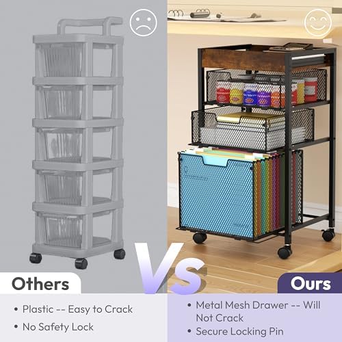 Rolling File Cart with Drawers - 4 Tier Under Desk Storage Craft Rolling Organizer Cart - Office Storage &Organization, Mobile Metal Filing Cabinet for Office and Home Espresso - Image 6