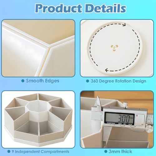 360 Degree Rotating Desk Organizer Caddy with 9 Compartments, Large Capacity Detachable Pencil Holder for Desk, Desktop Storage for Office, School, Home, Dressing Table (Greige with White Base) - Image 6