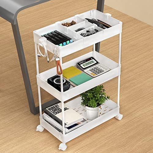 3 Tier Rolling Cart with Wheels, Storage Craft Art Trolley Organizer Serving, 3 Hanging Baskets Easy Assembly, for Office, Bathroom,Living Room, Kitchen, White - Image 6