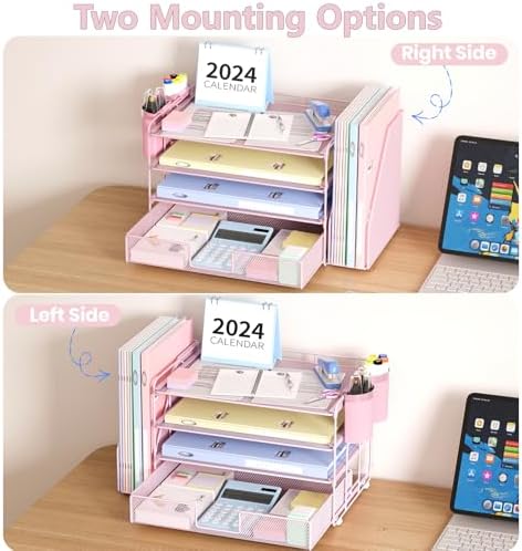 Desk Organizer, 4-Tier Desktop File Organizer with Drawer and Pen Holders, Office Desk Accessories, File Sorters, Workspace Organizers for Office Supplies(Pink) - Image 7