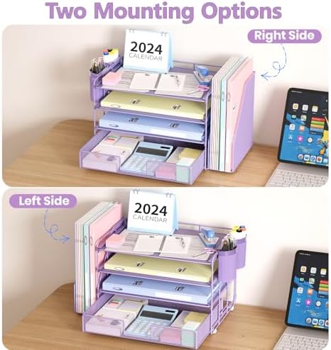 Desk Organizer, 4-Tier Desktop File Organizer with Drawer and Pen Holders, Office Desk Accessories, File Sorters, Workspace Organizers for Office Supplies(Purple) - Image 7