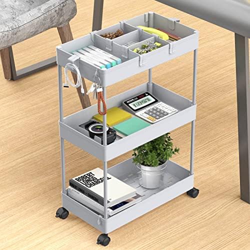 3 Tier Rolling Cart with Wheels, Storage Craft Art Trolley Organizer Serving, 3 Hanging Baskets Easy Assembly, for Office, Living Room, Kitchen, Gray - Image 6