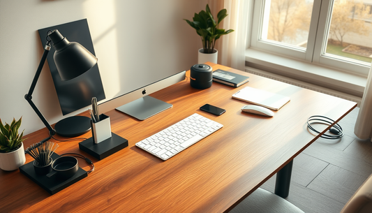 Organized desk with black and white accessories, warm wood accents, and neatly managed cables in a bright home workspace.