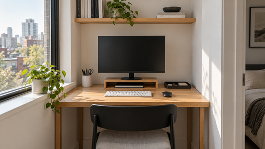 Small home office with an oak desk, monitor riser, wall shelf, and neatly arranged black and white desk accessories.