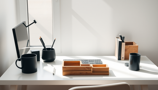 Minimalist white desk with matte black accessories and warm wood organizers, highlighting a coordinated workspace color palette.