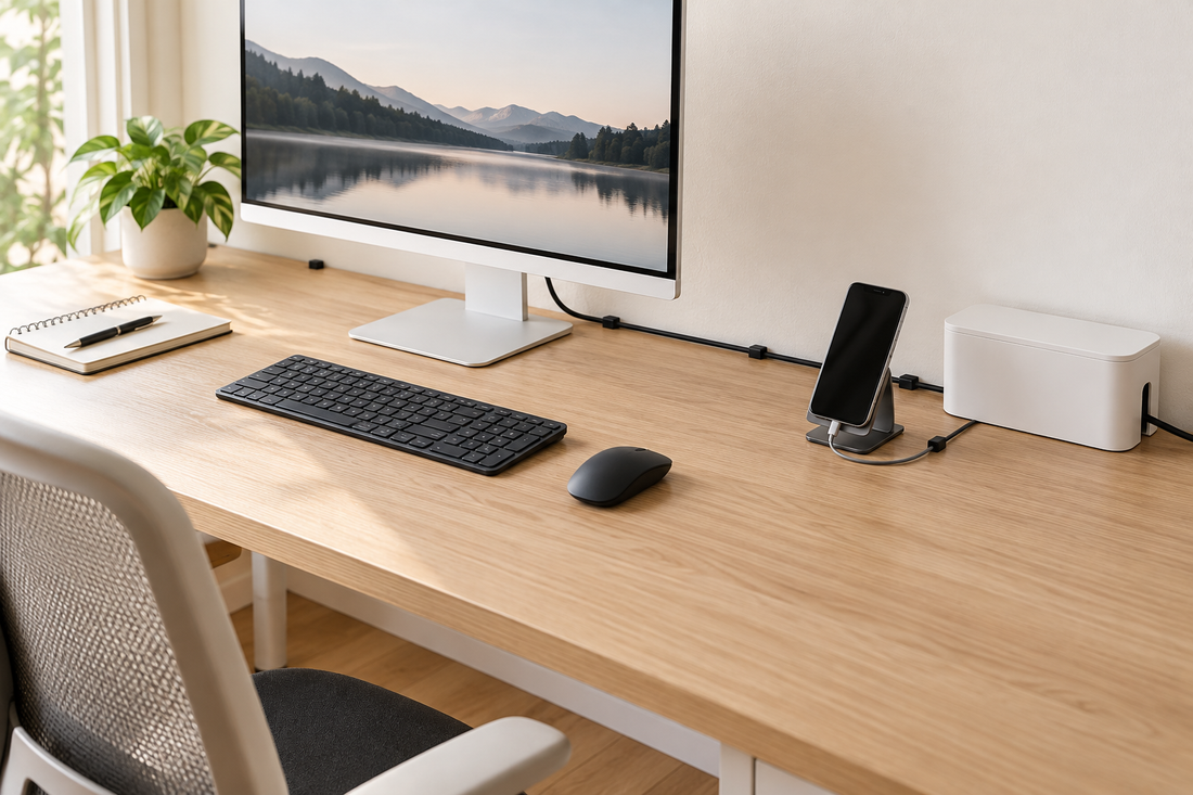 Oak desk with neatly routed cables, black cable clips, a white cable management box, and a phone charging on a stand.