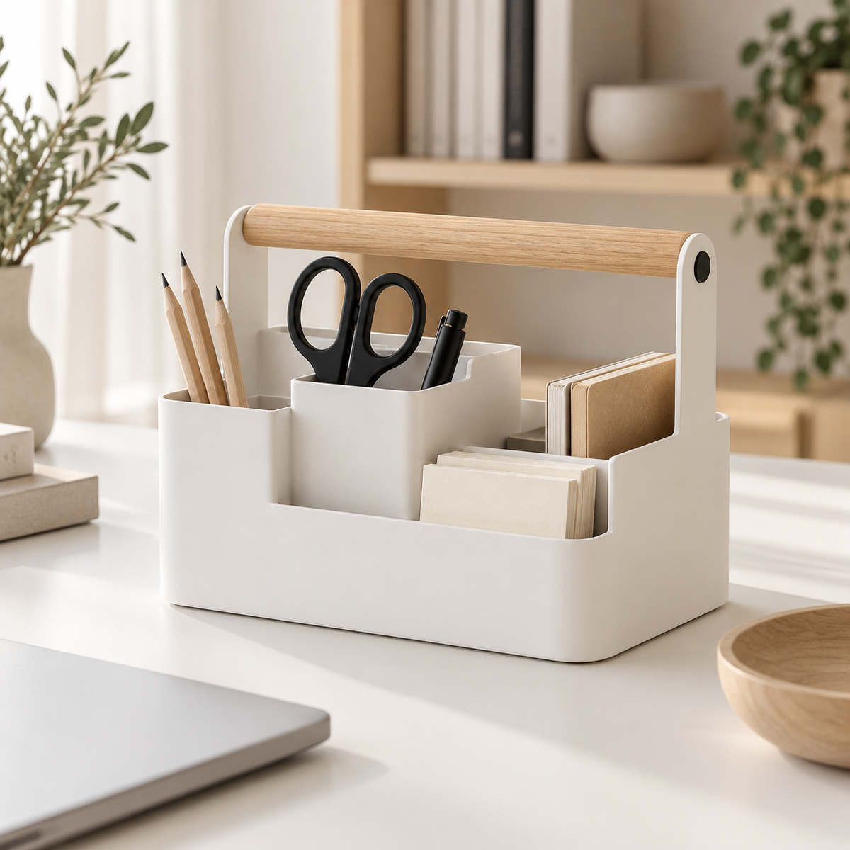 White desktop caddy with a wooden handle and compartments holding pencils, scissors, notebooks, and memo cards.