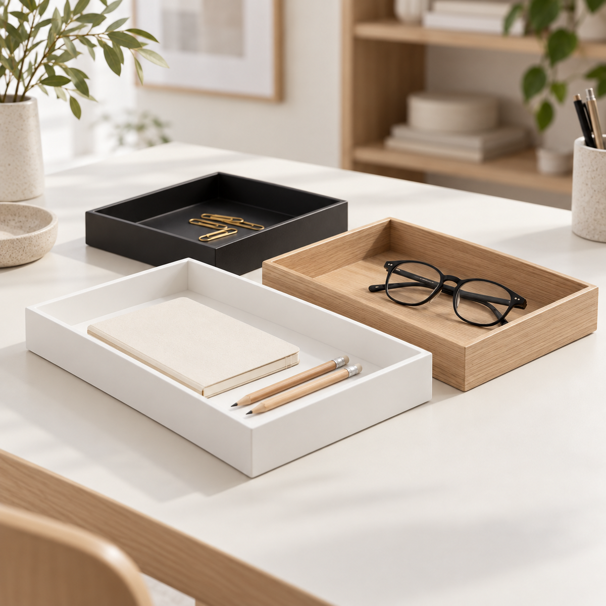 White, natural wood, and black desk trays holding a notebook, pencils, glasses, and paper clips on a bright desk.