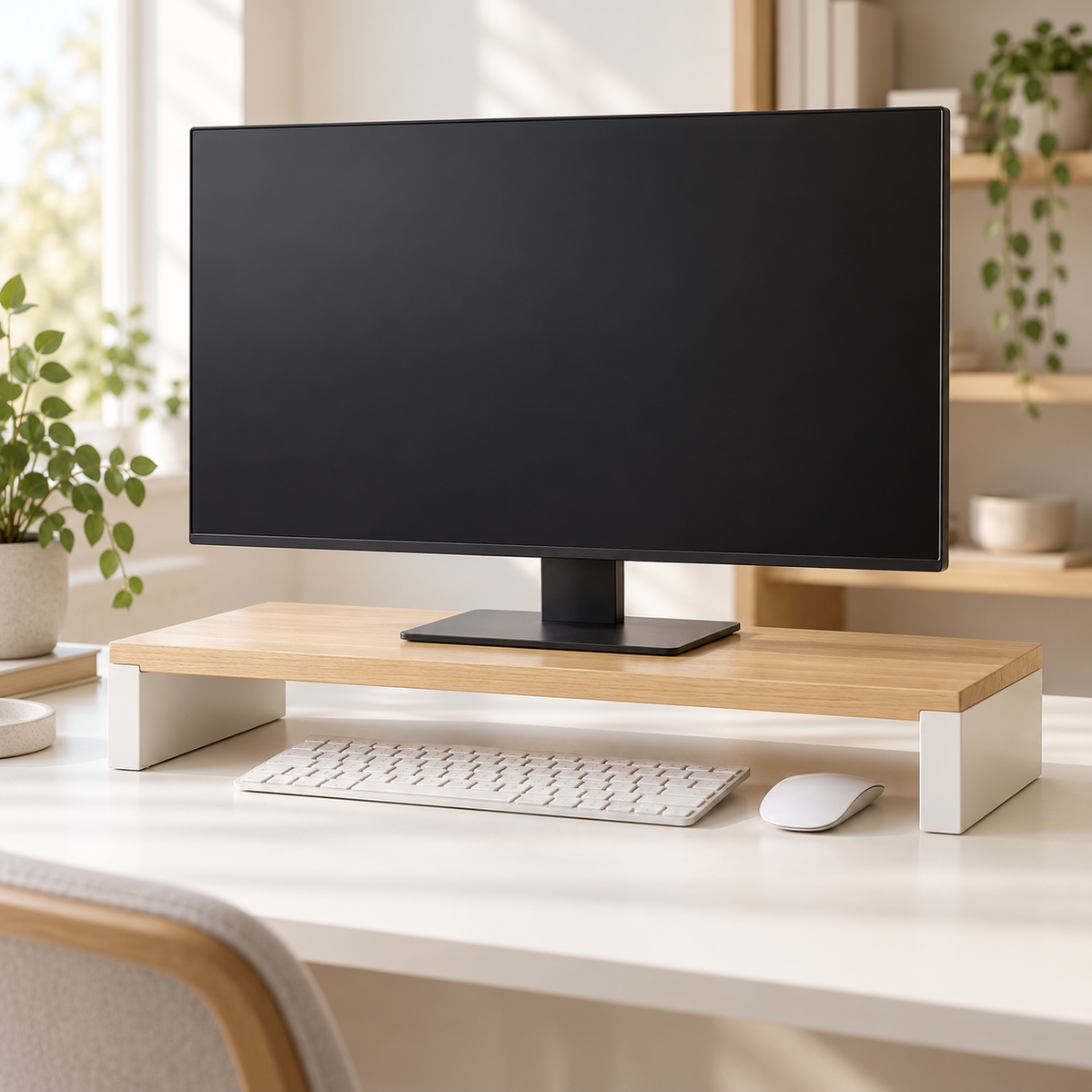Black monitor on a natural wood riser with white legs, with a white keyboard and mouse beneath the raised platform.