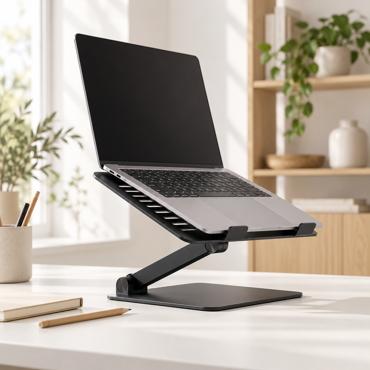 Matte black laptop stand supporting an open silver laptop at an angle on a white desk beside a notebook and wooden pencil.