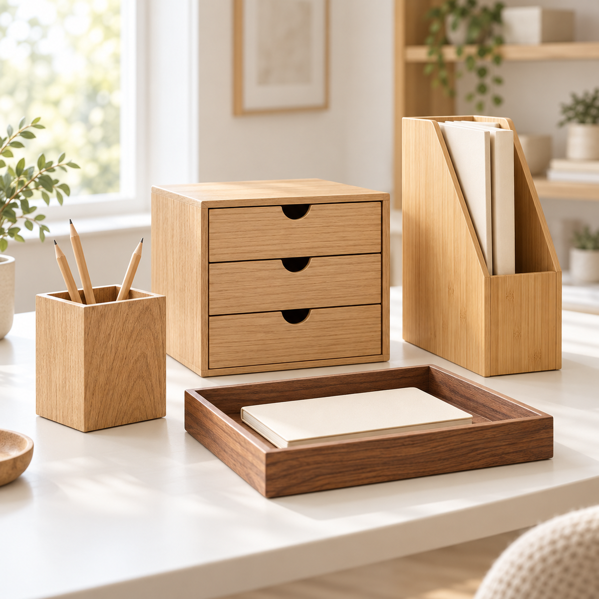 Wood-toned pencil holder, desktop drawer unit, upright file holder, and darker brown tray arranged on a bright desk.