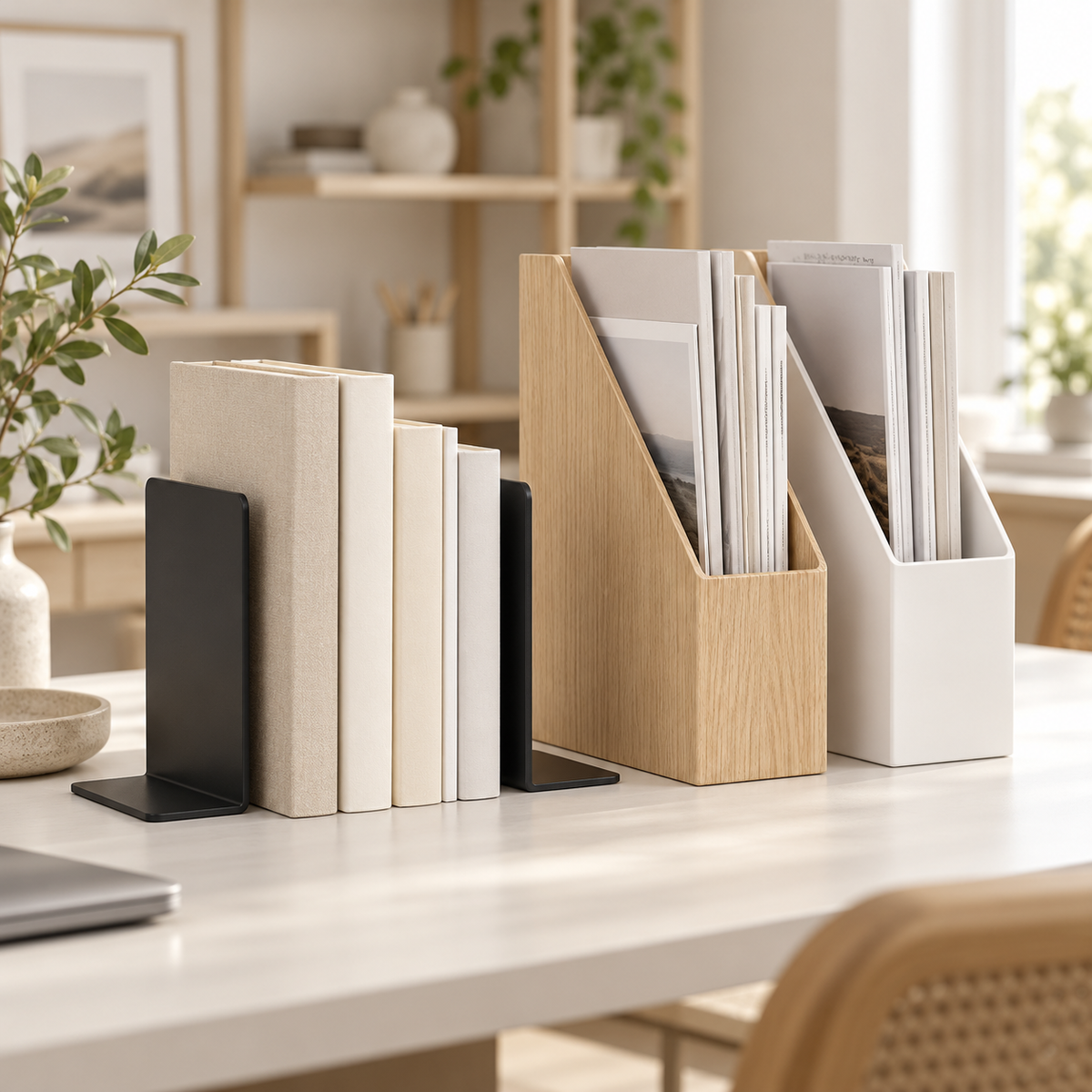 Black bookends supporting neutral-colored books beside natural wood and white magazine holders on a bright desk.