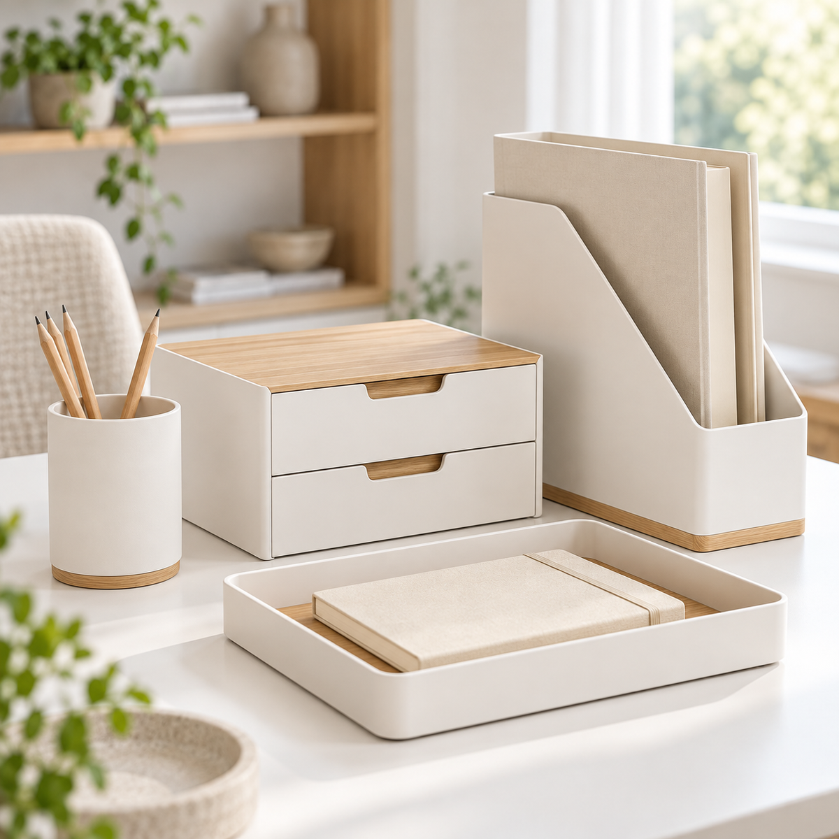 Matching white desk organizer set with wood accents, featuring a pencil holder, two-drawer unit, upright file holder, and tray.