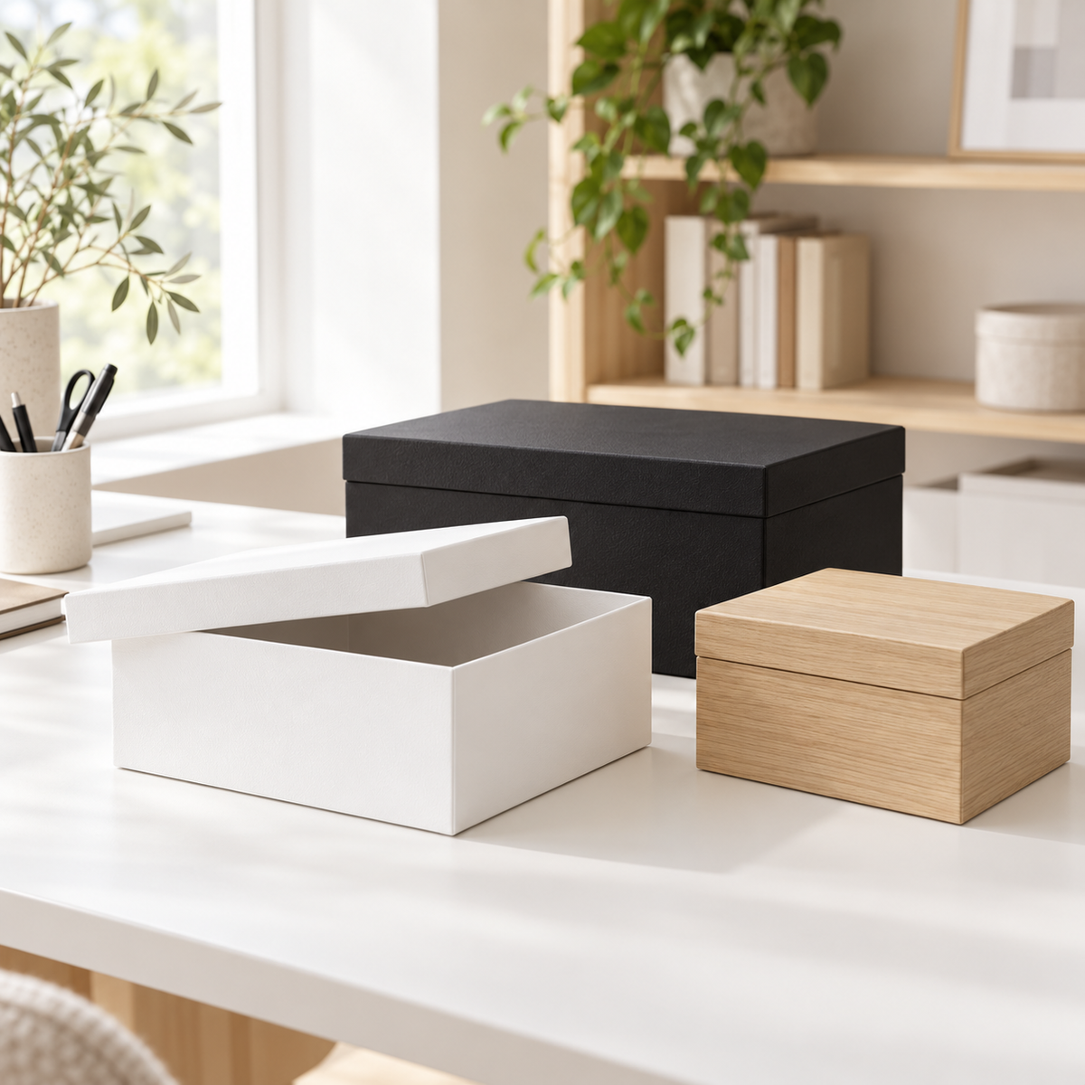 White, black, and natural wood storage boxes on a bright desk, with the white box open to show its interior.