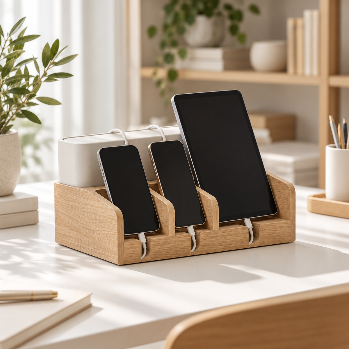 Natural wood charging organizer holding two smartphones and a tablet, with white cables routed to a compartment behind the devices.