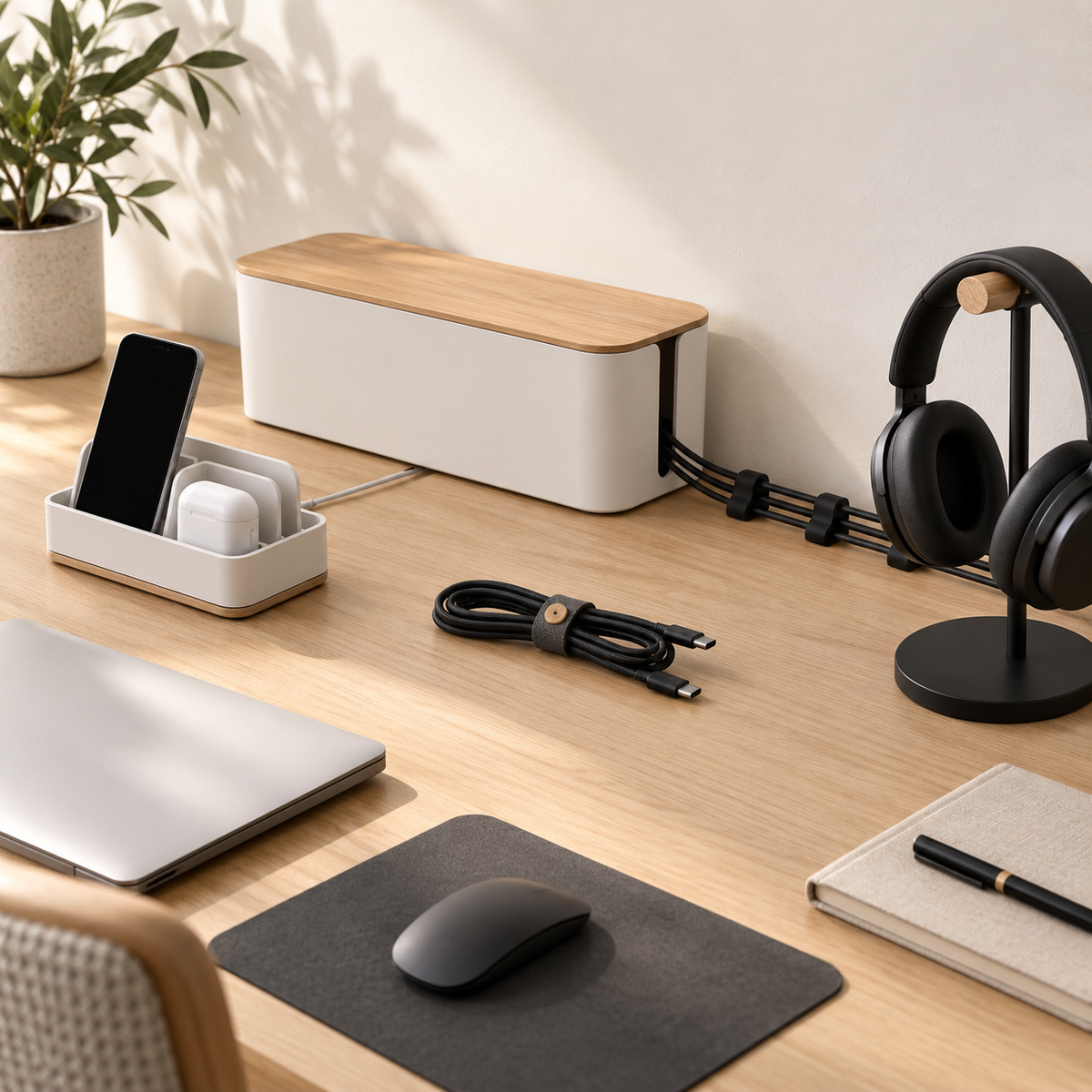 White cable management box with a wood lid, cable clips, a tied cable, a charging organizer, and headphones on a black stand.