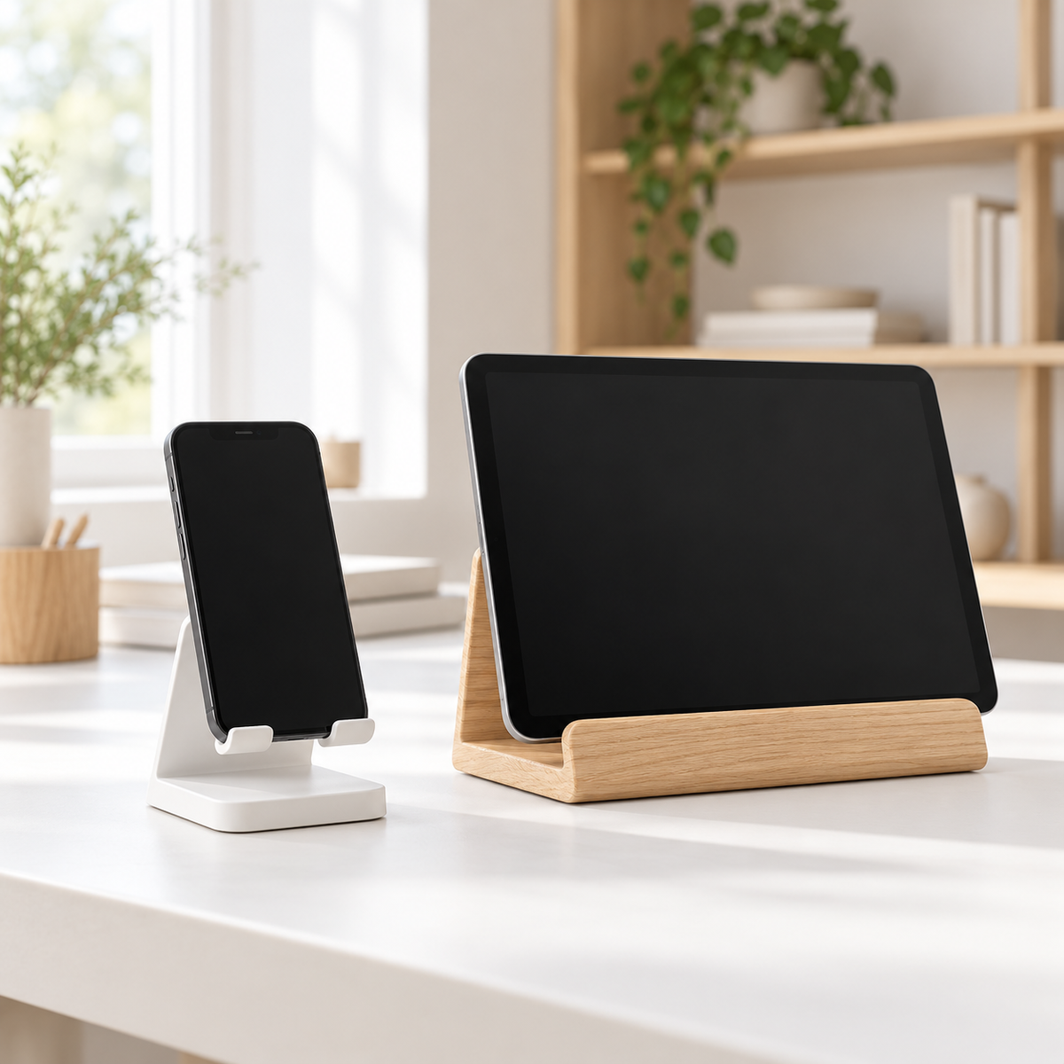 White phone stand holding a smartphone vertically beside a natural wood stand supporting a tablet horizontally on a bright desk.