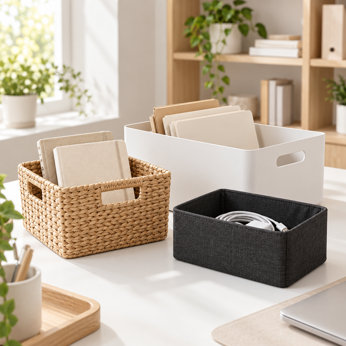 Woven basket holding notebooks beside a white bin with folders and a charcoal fabric bin containing a coiled charging cable.