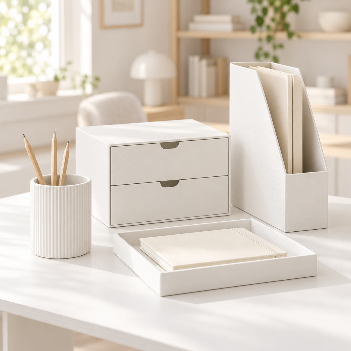 White pencil holder, two-drawer desktop organizer, file holder, and rectangular tray arranged on a bright white desk.