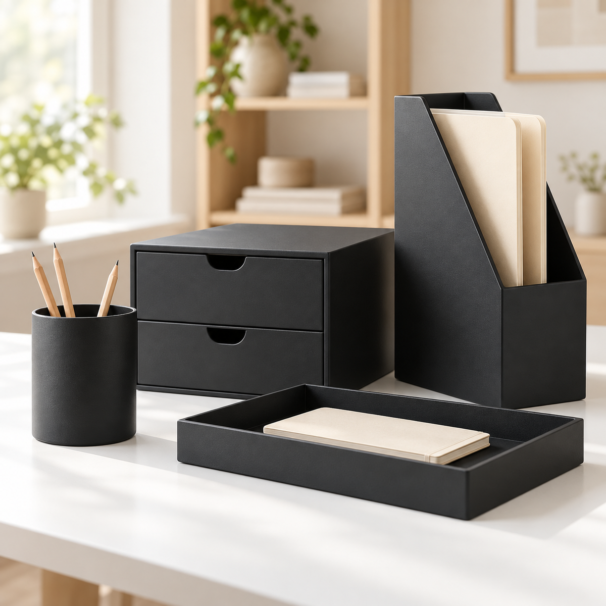 Matte black pencil holder, two-drawer desktop organizer, file holder, and rectangular tray arranged on a white desk.