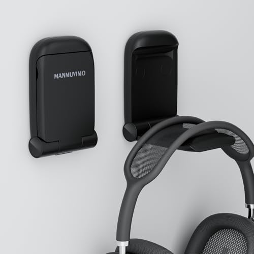 MAMUVIMO Headphone Stand, Headset Stand Foldable ＆ Sticky, Headphone Holder Hook Mount with Non-Slip Silicone, Adhesive Earphone Desk Hanger Clip Space-Saving for Airpods Max, All Earphones- Black by MANMUVIMO