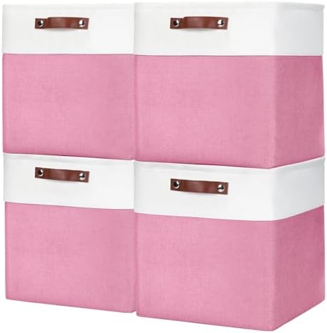 13x13 Cube Storage Bins, Collapsible Fabric Storage Box, 4 Pack Closet Baskets with Handles for Organizing, Shelf, Toys, Clothes, Home, Office, Nursery (Pink&White) by Bagnizer