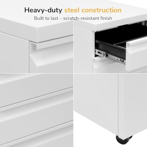 Mount-It! 3 Drawer File Cabinet with Lock and Wheels, Under Desk Storage Filing Pedestal for Home Office, No Assembly Small Rolling File Cabinet for Legal, Letter, and A4 Files in White - Image 4